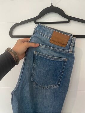Denim Forum Straight-Leg Midwash Jeans with Leather Patch